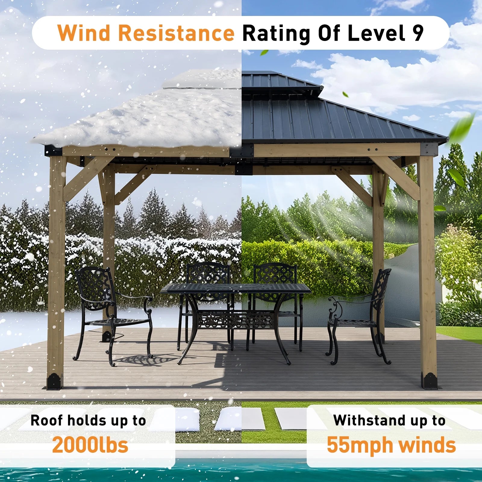 Aoodor 10 x 12 ft Wooden Frame Gazebo with 2-Tier Galvanized Metal Hardtop Roof, Outdoor Patio Gazebo with Charging Socket for Patio, Backyard, Deck, and Lawn