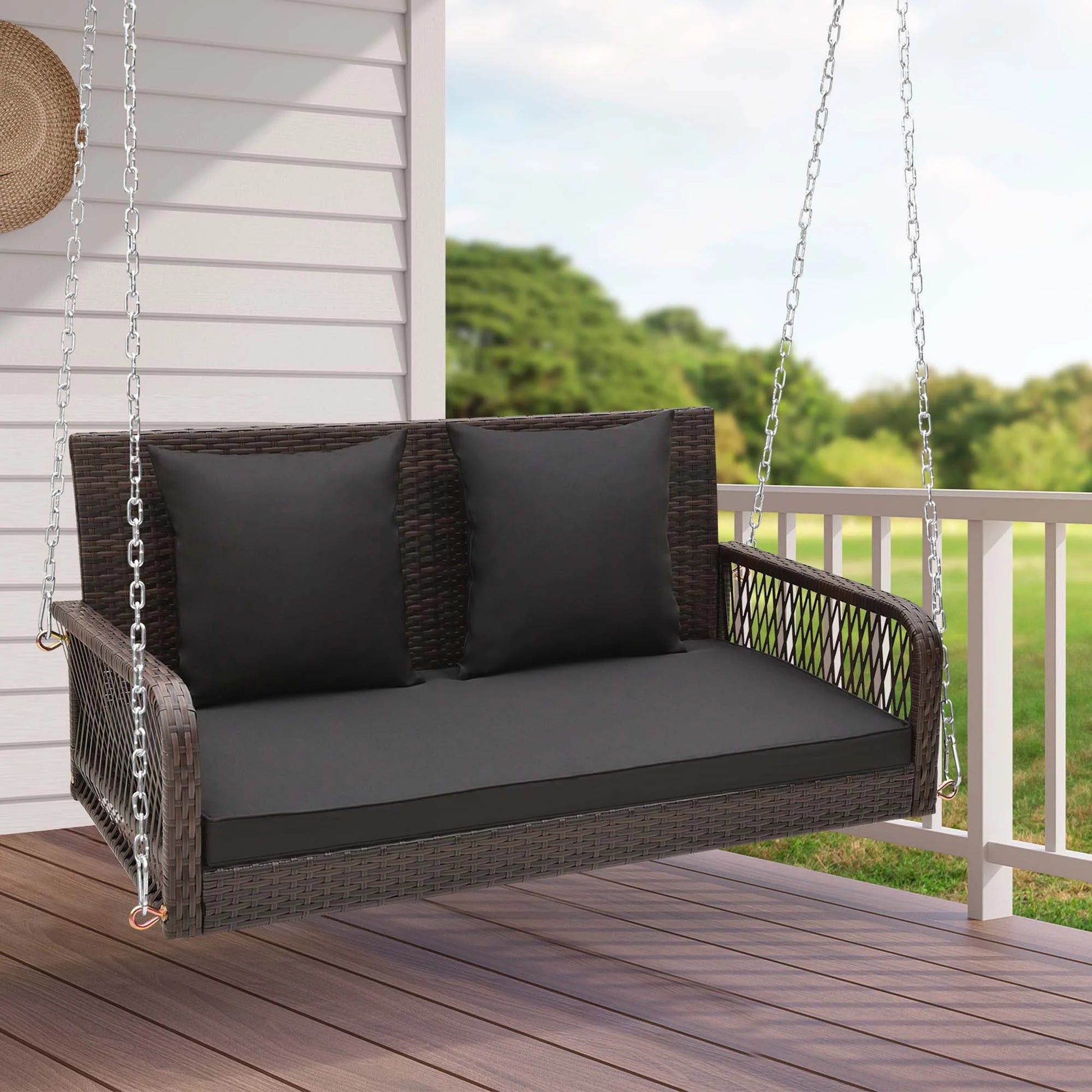 Costway Patio Wicker Porch Swing 2-Person Hanging Loveseat Bench Chair with Cushions Beige