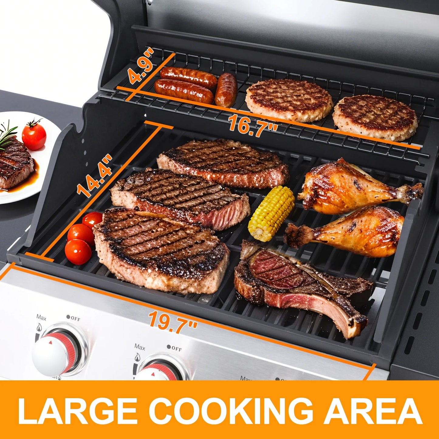 3-Burner Propane Gas Grill with 2 Foldable Side Tables, 30,000 BTU Outdoor BBQ Stainless Steel Grill with Porcelain-Enameled Cast Iron Grates and Thermometer, Easy Assembly for Patio, Backyard BBQ