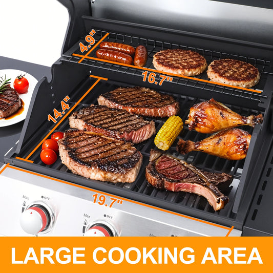 3-Burner Propane Gas Grill with 2 Foldable Side Tables, 30,000 BTU Outdoor BBQ Stainless Steel Grill with Porcelain-Enameled Cast Iron Grates and Thermometer, Easy Assembly for Patio, Backyard BBQ