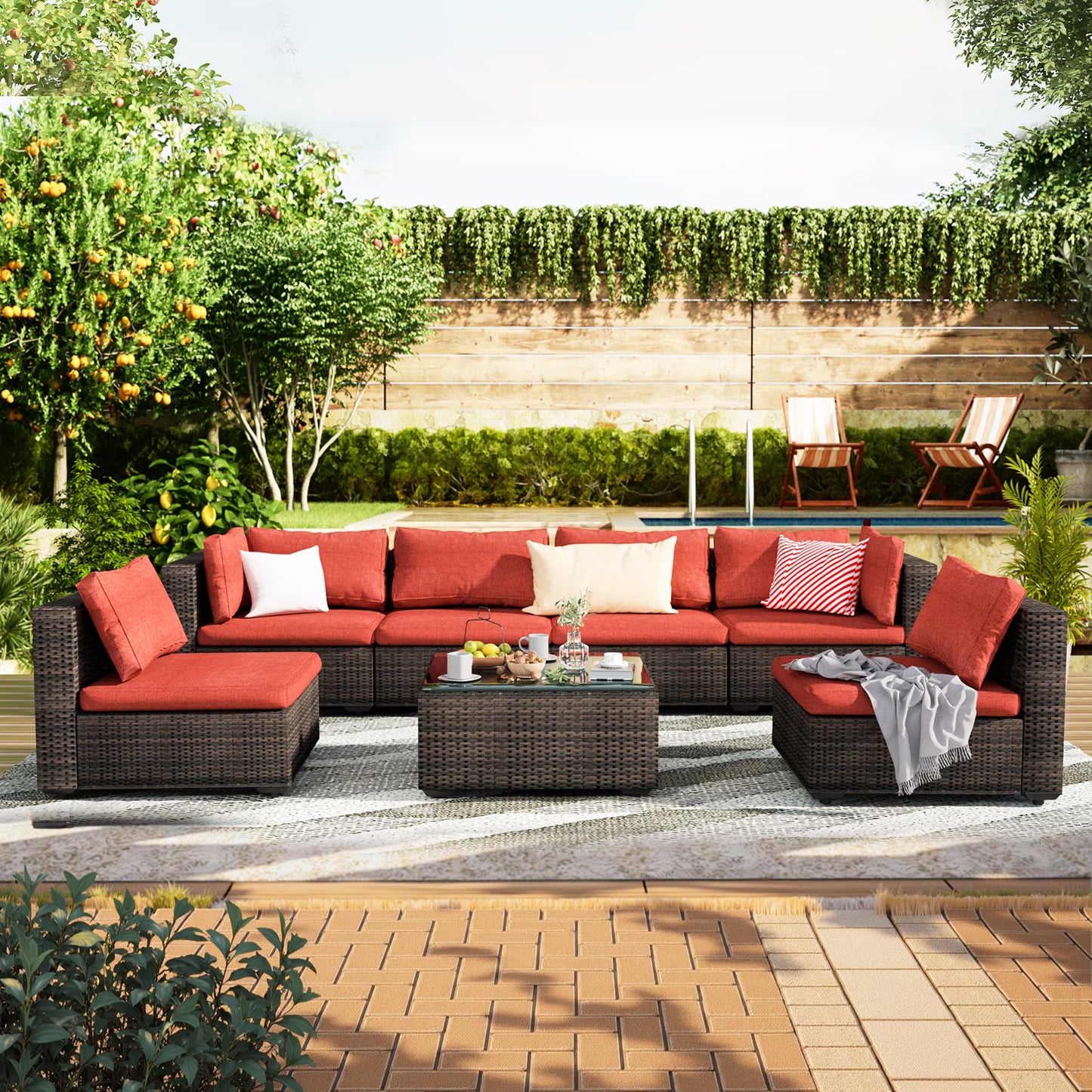 Grezone 7 Patio Outdoor Furniture Wicker Sectional Sofa Couch Lawn Sectional, Black
