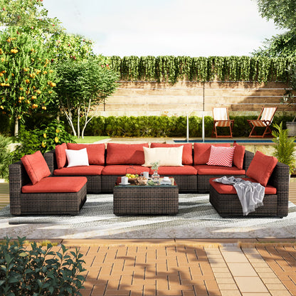 Grezone 7 Patio Outdoor Furniture Wicker Sectional Sofa Couch Lawn Sectional, Black