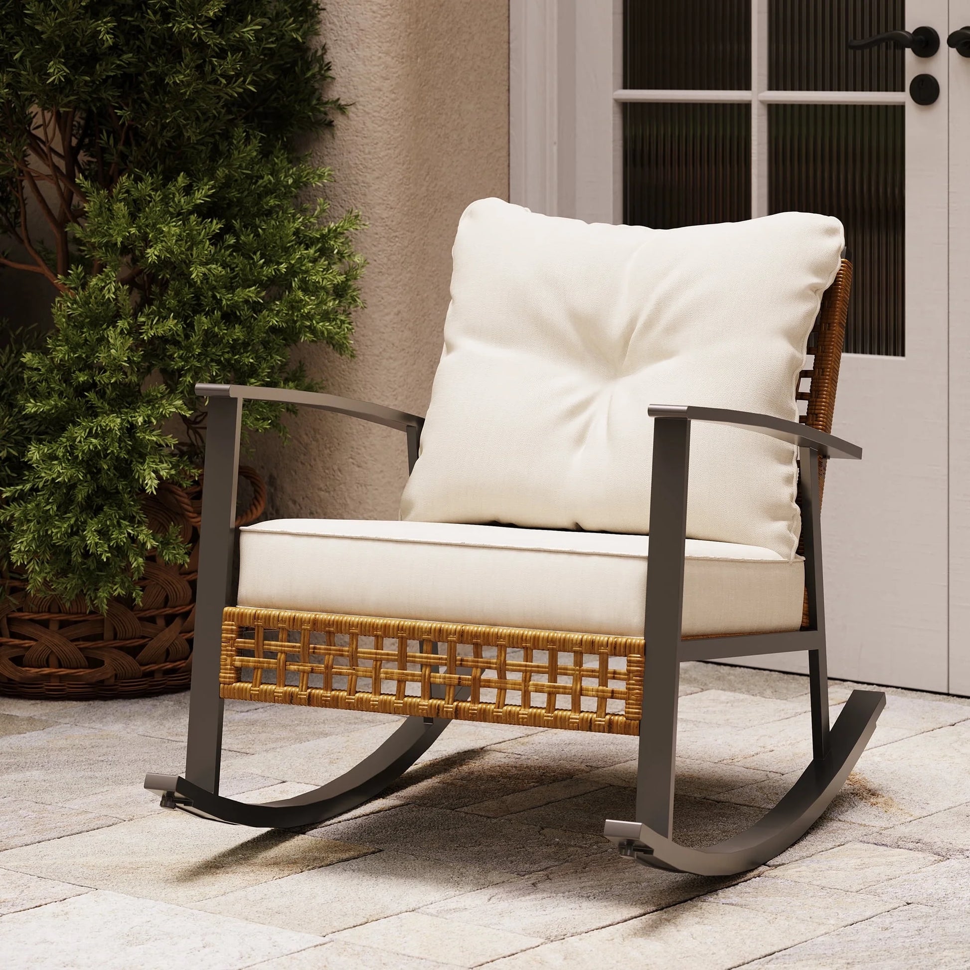 LAUSAINT HOME Outdoor Rocking Chair, Patio PE Rattan Chair with Beige Cushions