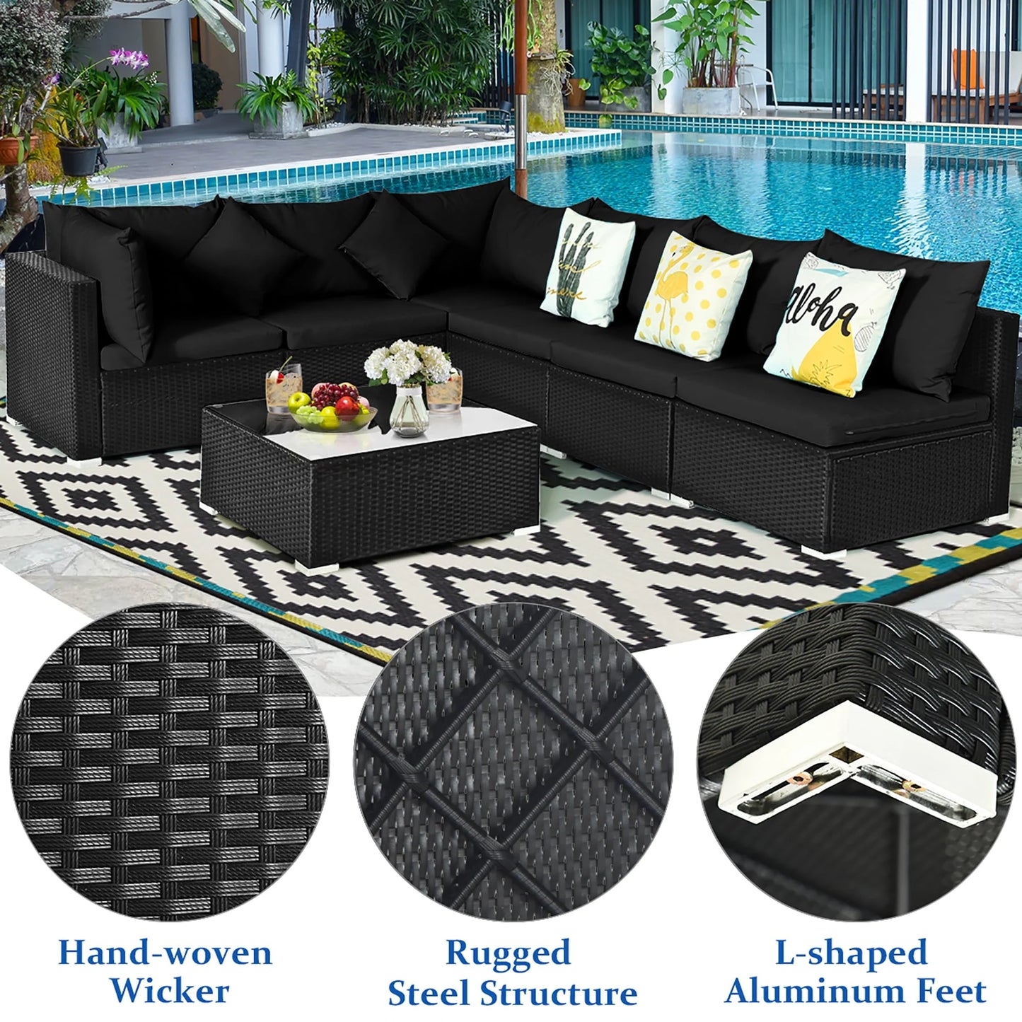 Costway 7PCS Patio Rattan Sofa Set Sectional Conversation Furniture Set Garden Black