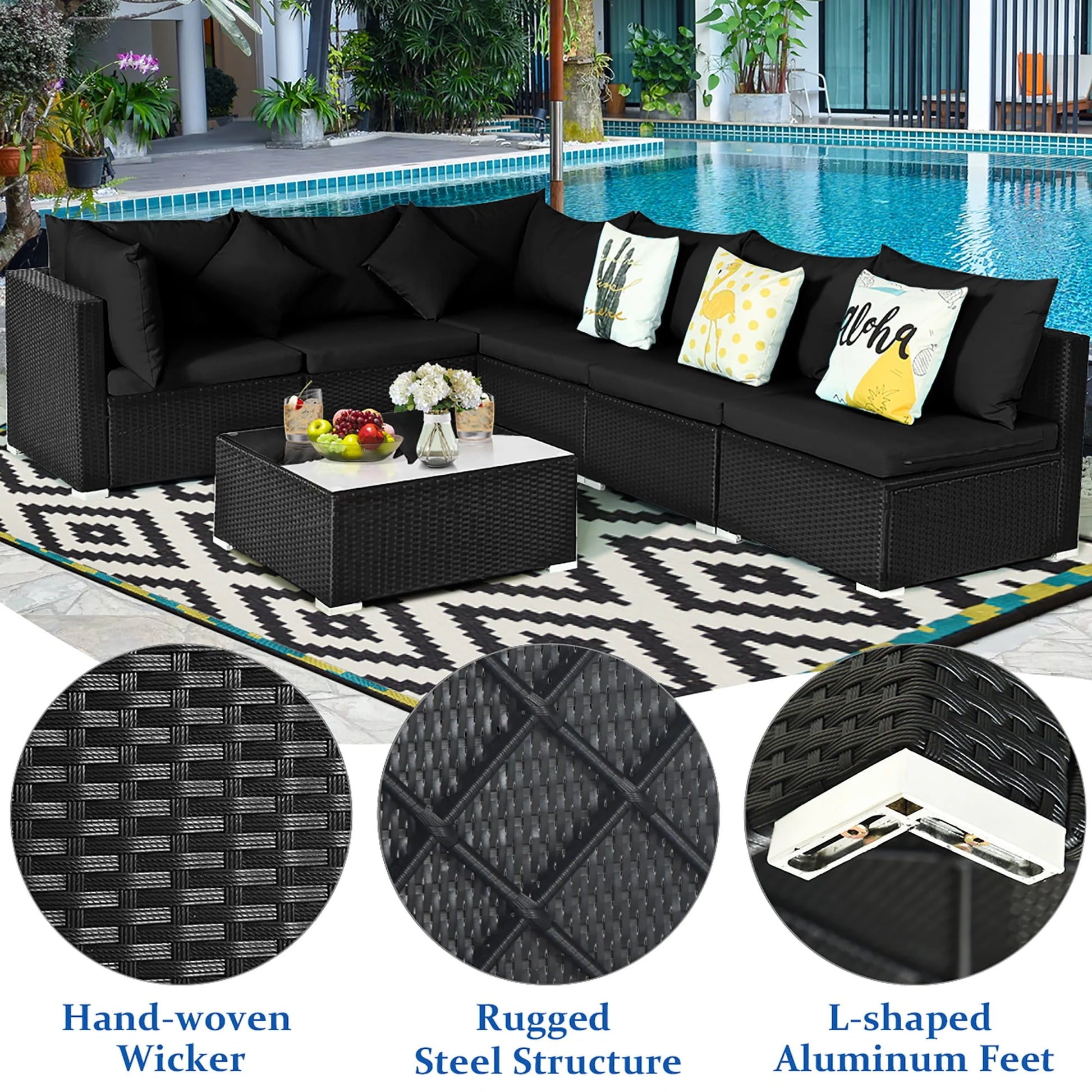 Costway 7PCS Patio Rattan Sofa Set Sectional Conversation Furniture Set Garden Black