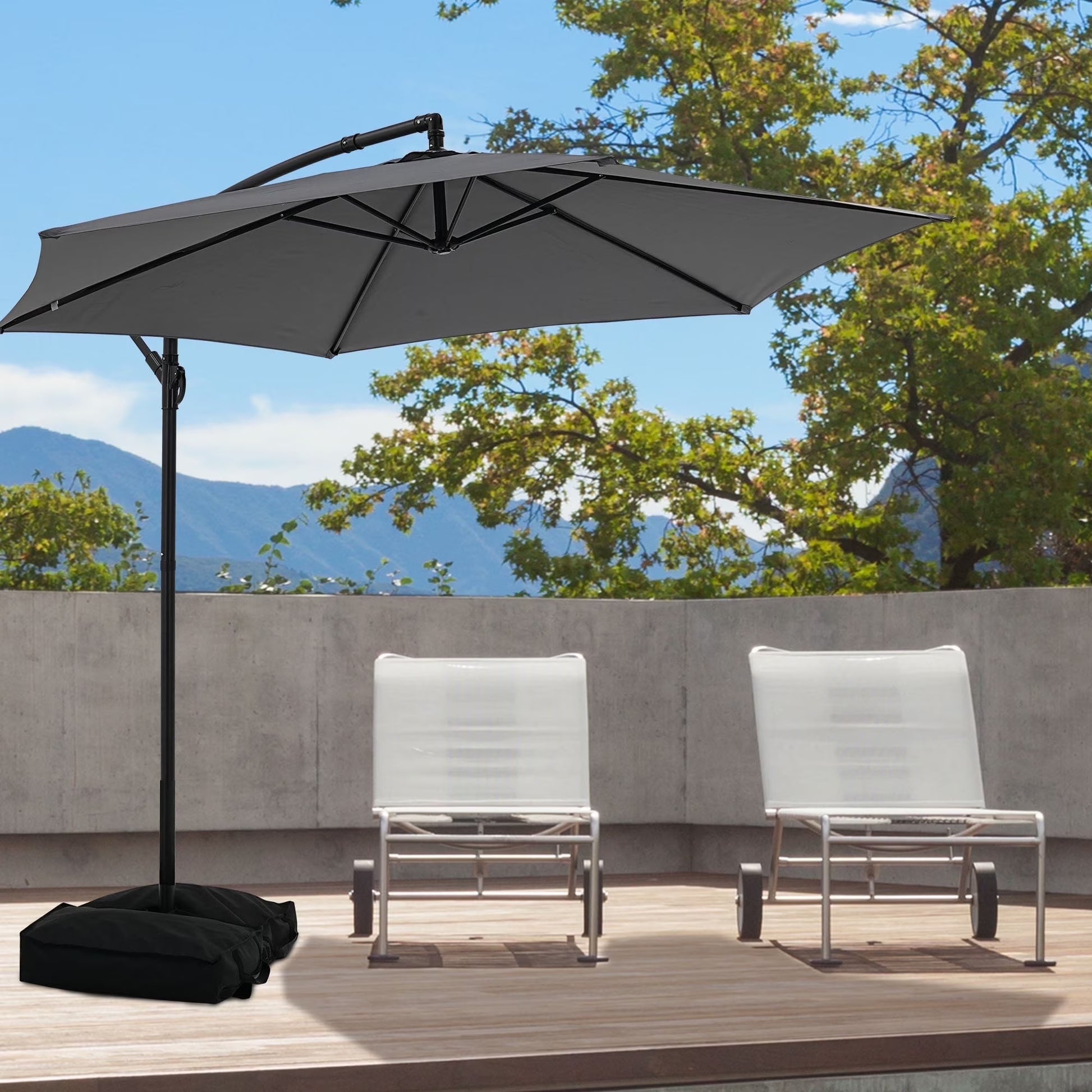 Ainfox 10ft Cantilever Patio Umbrella with Lights, Offset Market Umbrella with Sandbags Weighted Base and Cross Base,Khaki