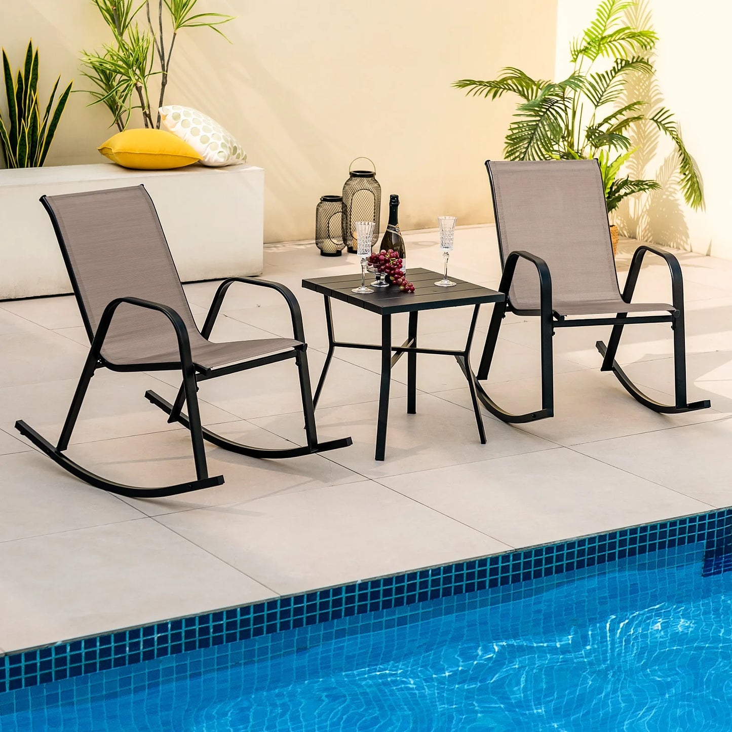 Costway 2 PCS Patio Rocking Chair Heavy-Duty Metal Rocker Outdoor Anti-Slip Brown
