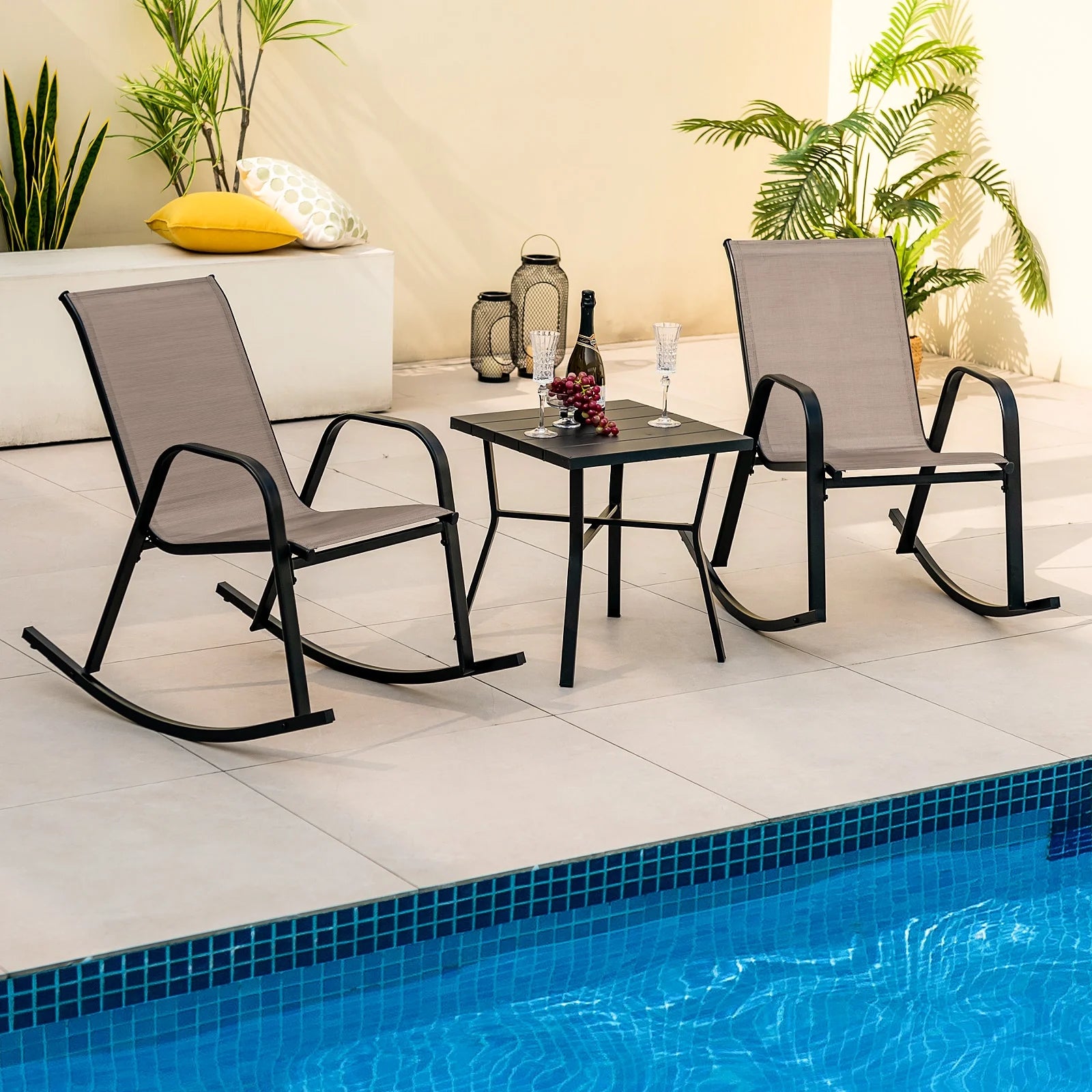 Costway 2 PCS Patio Rocking Chair Heavy-Duty Metal Rocker Outdoor Anti-Slip Brown