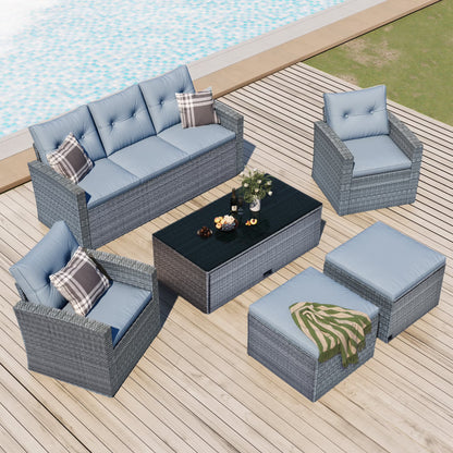 Highsound 6 Piece Patio Furniture Sets, All Weather PE Wicker Rattan Outdoor Sectional Sofa Conversation Couch with Glass Table, Cushions and Ottoman, for Lawn, Garden, Backyard, Beige