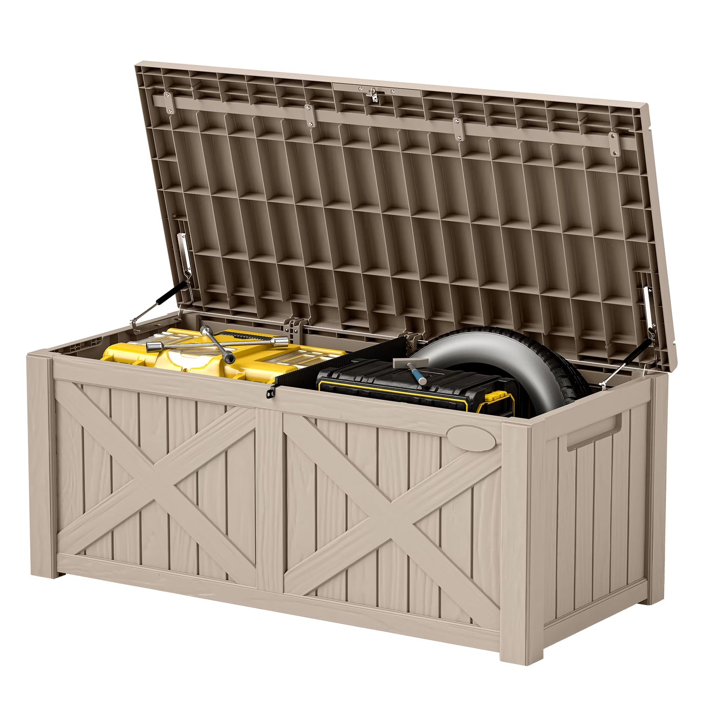 Uforic Outdoor 120 Gallon Large Resin Deck Box, Outdoor Storage Boxes with X-Shaped Front, for Patio Garden, Waterproof & Lockable, Light Brown