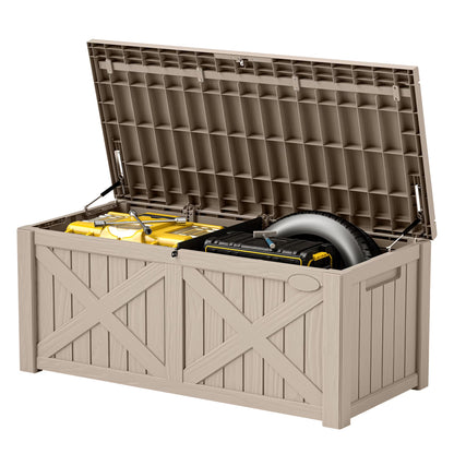 Uforic Outdoor 120 Gallon Large Resin Deck Box, Outdoor Storage Boxes with X-Shaped Front, for Patio Garden, Waterproof & Lockable, Light Brown