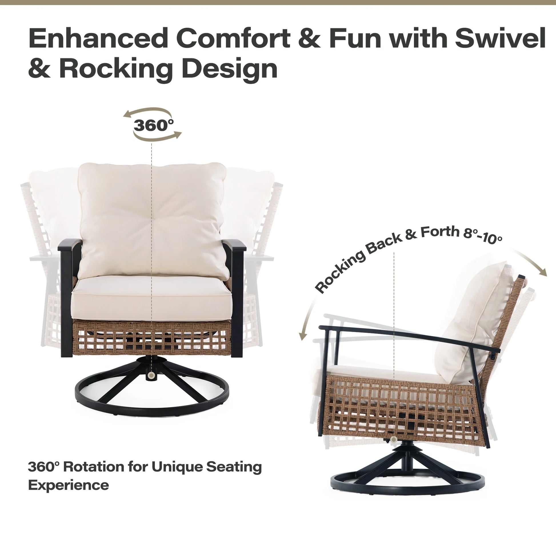 LAUSAINT HOME 3 Pieces Patio Outdoor Furniture Set with 2-Tier Coffee Table, PE Wicker Swivel & Rocking Chairs with Beige Cushions