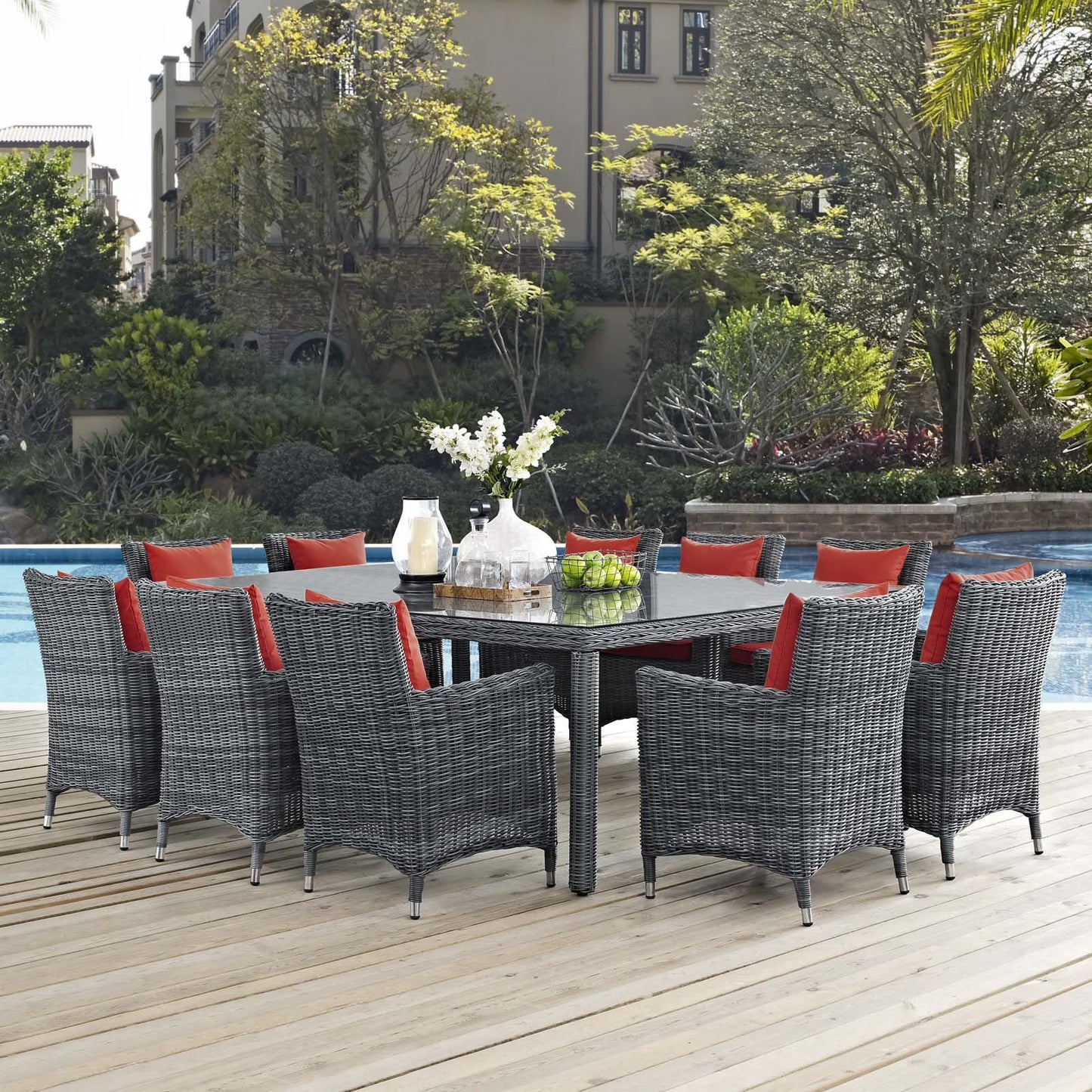 Modway Summon 11 Piece Outdoor Patio Sunbrella Dining Set in Canvas Gray