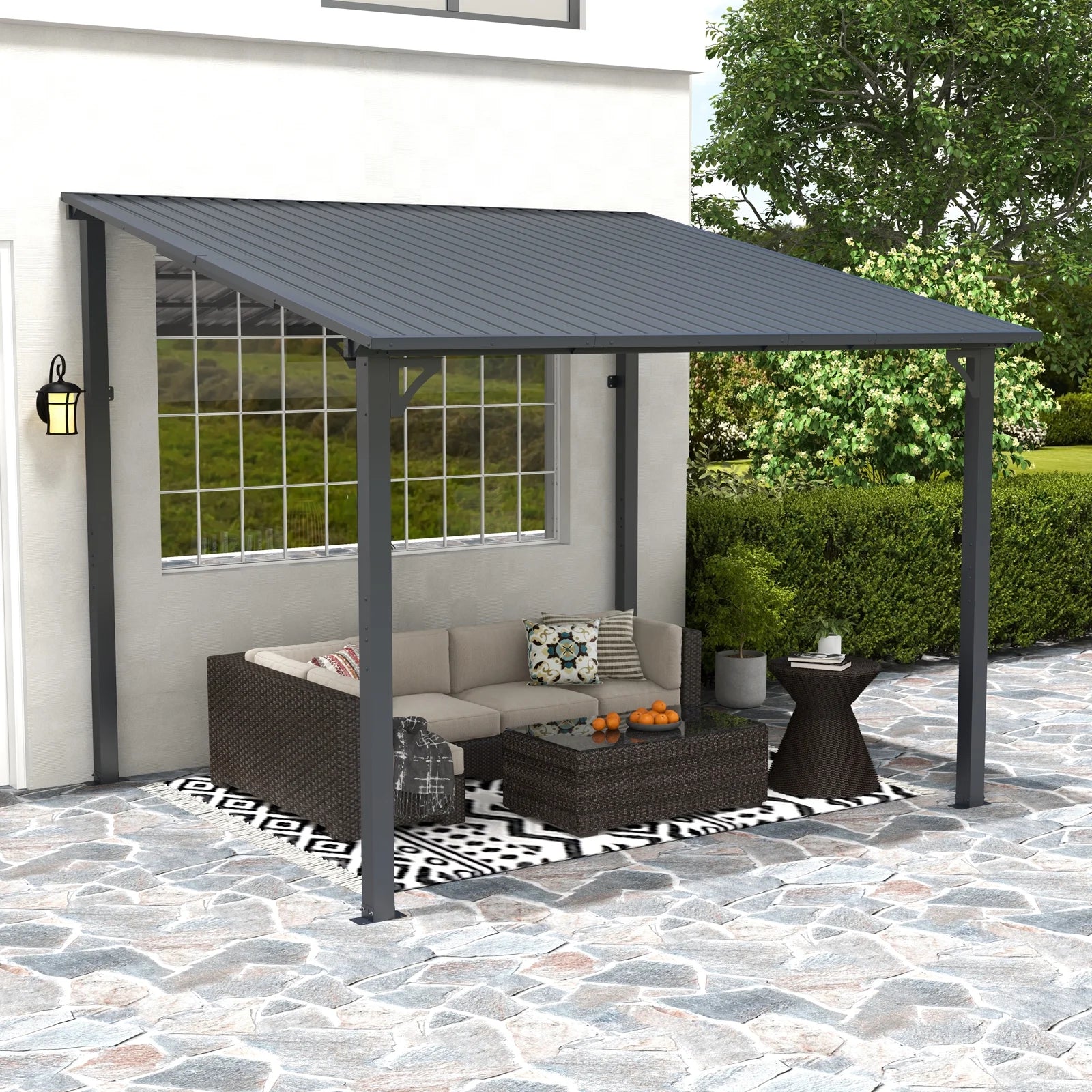 8' x 10' Outdoor Pergola Gazebo, Lean to Awnings Gazebos, Heavy Duty Hard Top Metal Pergola with Roof, for Patio, Backyard, Decks, Poolside