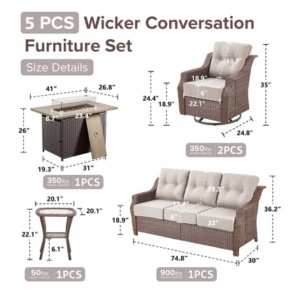 Bellefurn Outdoor Patio Furniture Set with Fire Pit and Swivel Rocker Chair,High-Back Wicker Outdoor Conversation Sets with 3 Seater Couch and Side Table Set for Porch,Deck,Garden