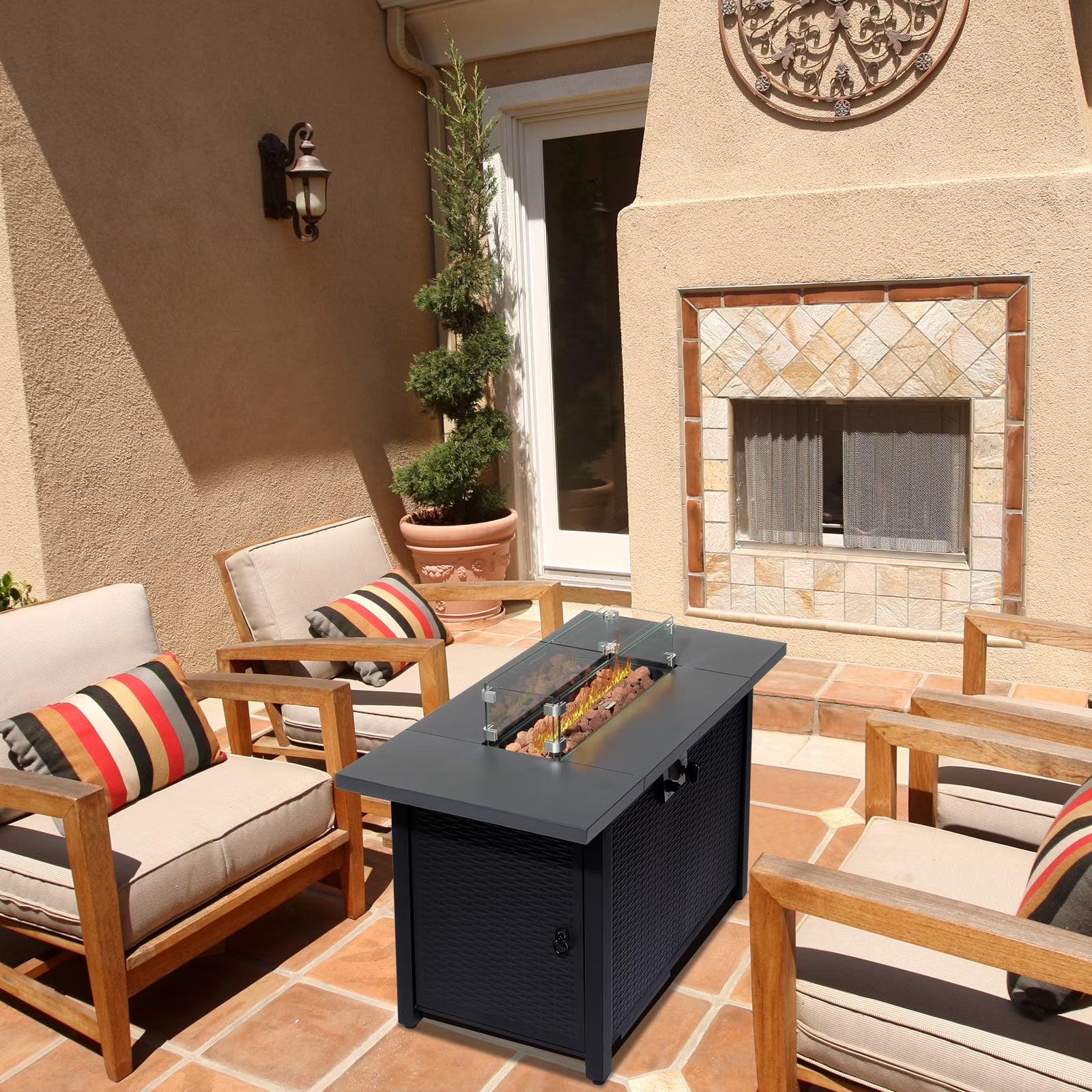 UBesGoo 43" Patio Gas Fire Pit Table, 50,000 BTU Auto-Ignition Fire Tables with Lid, Rain Cover for Outside Garden Backyard Deck Patio Black