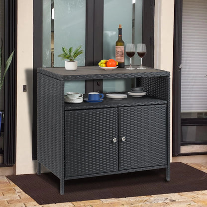 M optimized Patio Outdoor Wicker Storage Cabinet with Shelf, Patio Bar Table with 2-Door and Shelf, All Weather Resin Wicker, Patio Pool Garden Kitchen