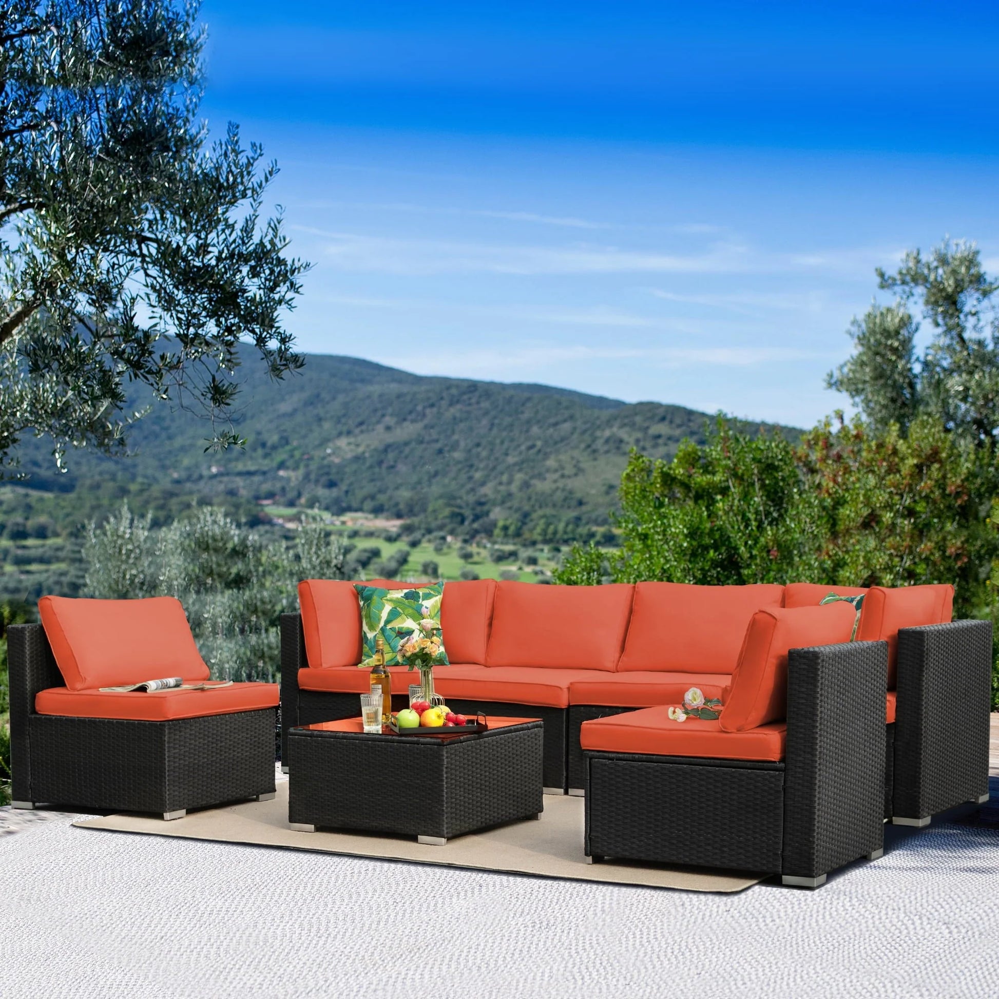 Olmia 7 Piece Patio Furniture sets PE Rattan Wicker Sectional Sofa Set, with Tea Table and Washable Couch Cushions, for Garden Poolside& Patio, Black+Orange
