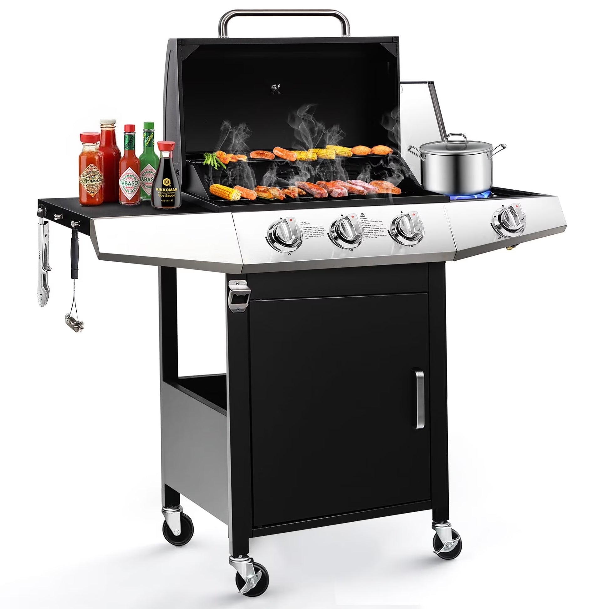 BBQ Grill, Seizeen Gas Grill with Side Burner, 40,000BTU 3-Burner Propane Grill w/Storage Cabinet, Steel Brush, Stainless Steel Camping for Backyard Patio, Portable Design on Wheels