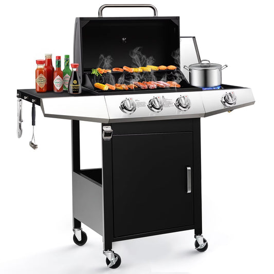 BBQ Grill, Seizeen Gas Grill with Side Burner, 40,000BTU 3-Burner Propane Grill w/Storage Cabinet, Steel Brush, Stainless Steel Camping for Backyard Patio, Portable Design on Wheels