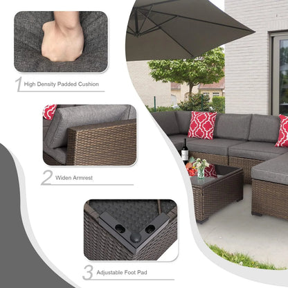 Kinbor 7Pcs Outdoor Furniture Set Wicker Sectional Sofa, Patio Conversation Sofa with Gray Cushion