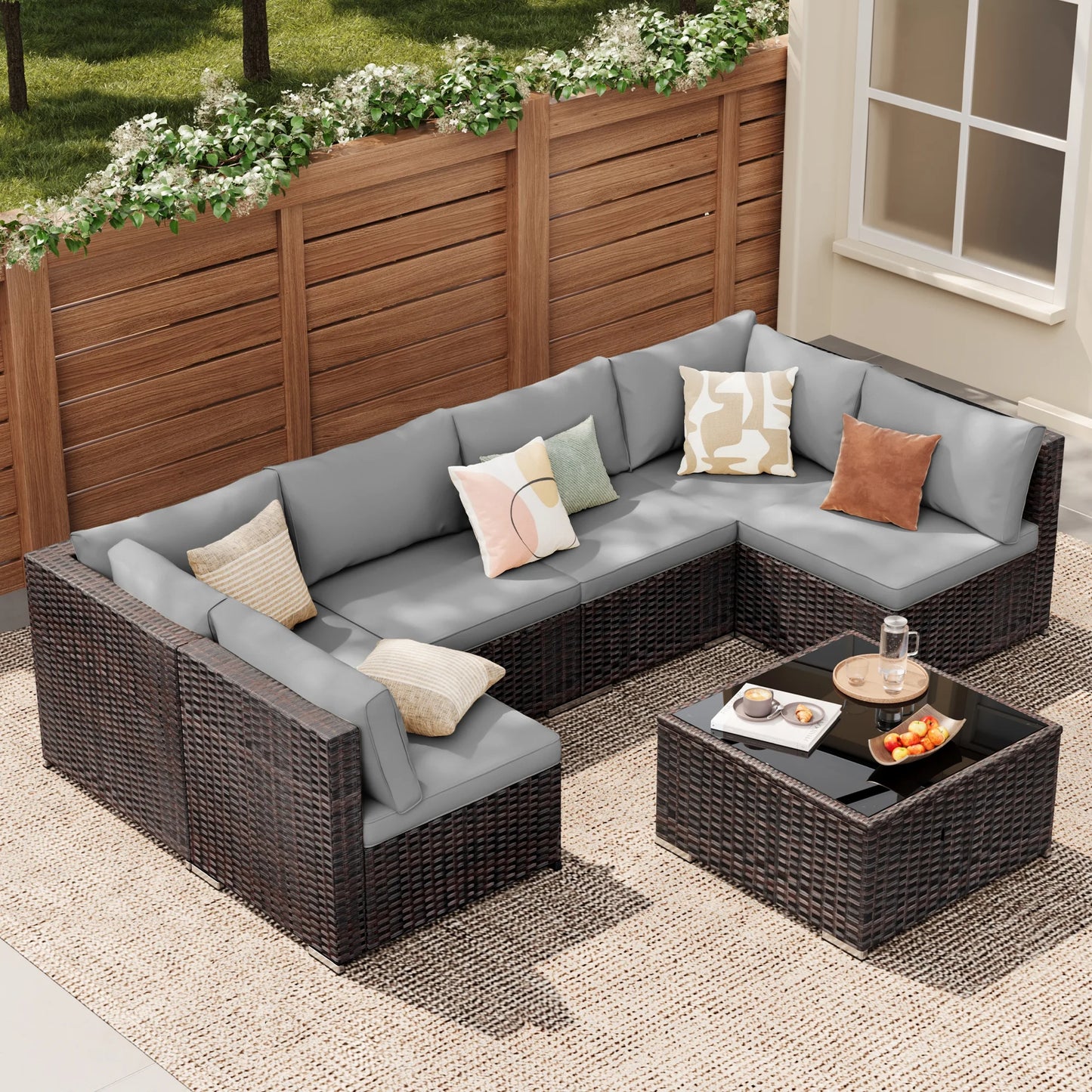 7 Pieces Outdoor Patio Furniture Set, Lofka PE Rattan Sectional Sofa with Tempered Glass Coffee Table & All-Weather Cushions, Patio Conversation Set for Garden, Poolside (Grey)