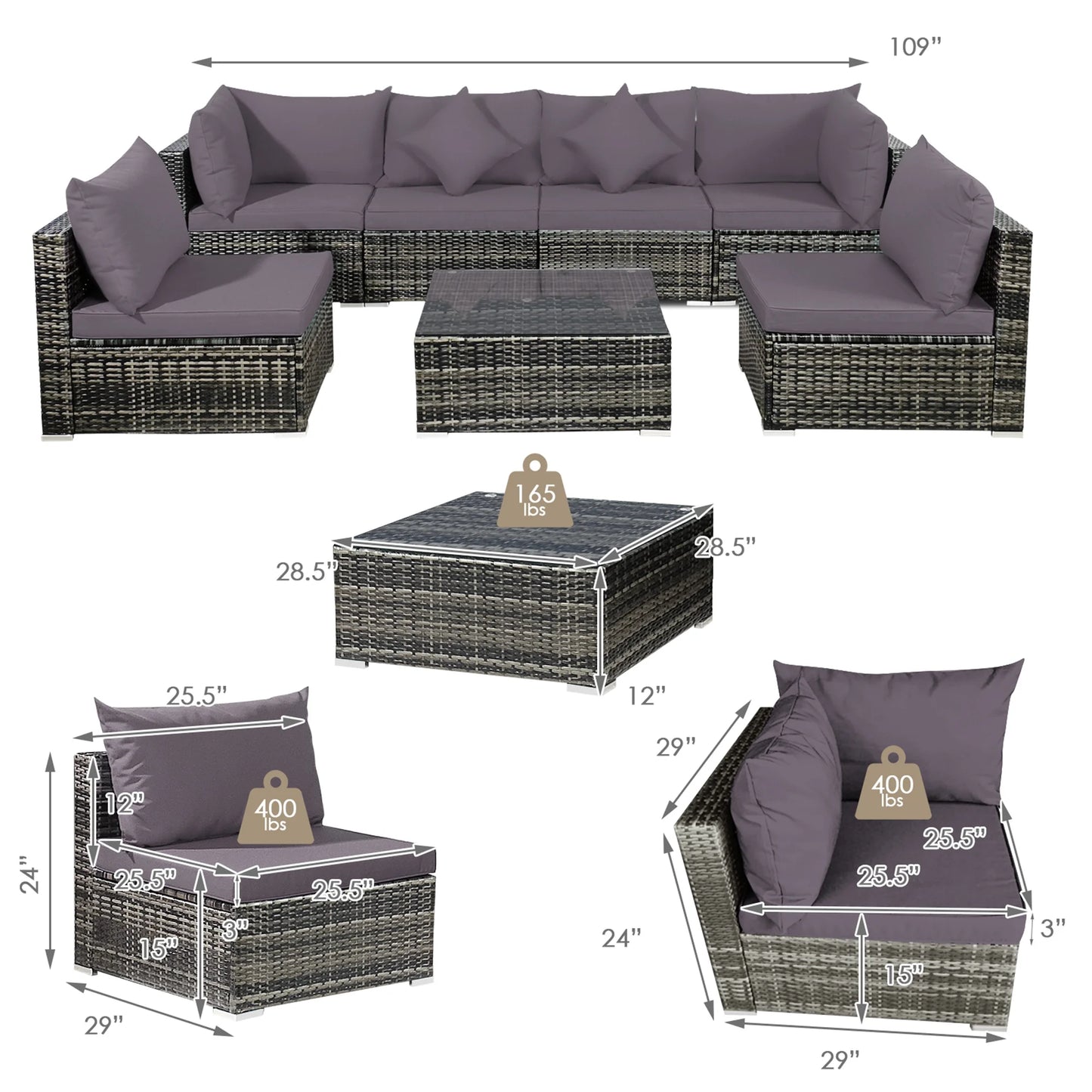 Gymax 7PCS PE Rattan Patio Sectional Sofa Conversation Set w/Grey Cushions