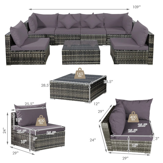 Gymax 7PCS PE Rattan Patio Sectional Sofa Conversation Set w/Grey Cushions