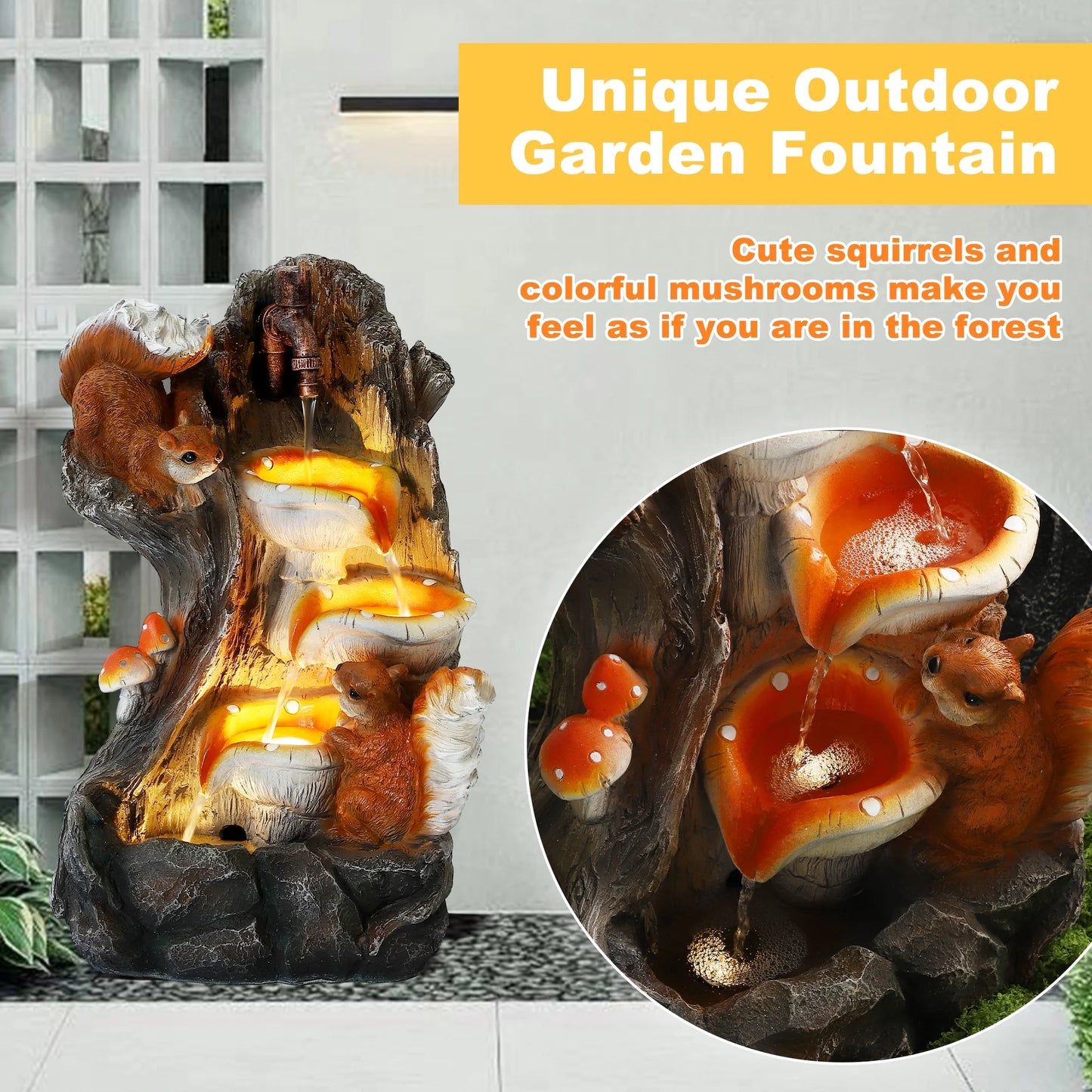 Magic Union Outdoor Water Fountain, Garden Decor Outside Indoor Waterfall Cascading Rock Fountain with Retro Decorative Faucet, Patio Resin Fountains for Yard, Deck, Porch and Home, Imitation Stump