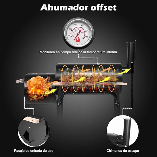 Oil Drum Charcoal Furnace Grill & High-Temperature Offset Smoker - Camping BBQ with Side Fire Box, Wheels, Thermometer & Chimney - Portable Outdoor Barbecue for Backyard, Patio, Picnics & Tailgating