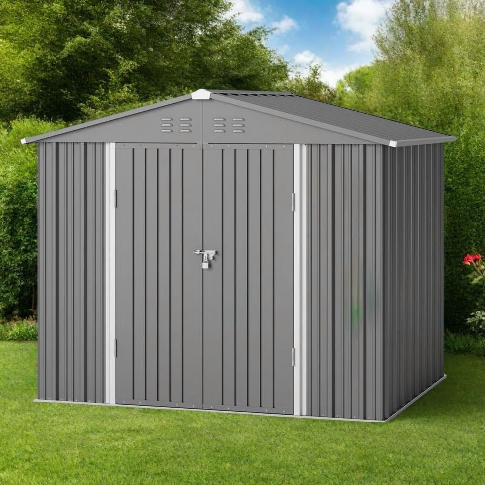 Asofer Outdoor Storage Shed 8 x 6 FT, Galvanized Metal Garden Shed with Double Lockable Doors for Backyard Patio Lawn-Green