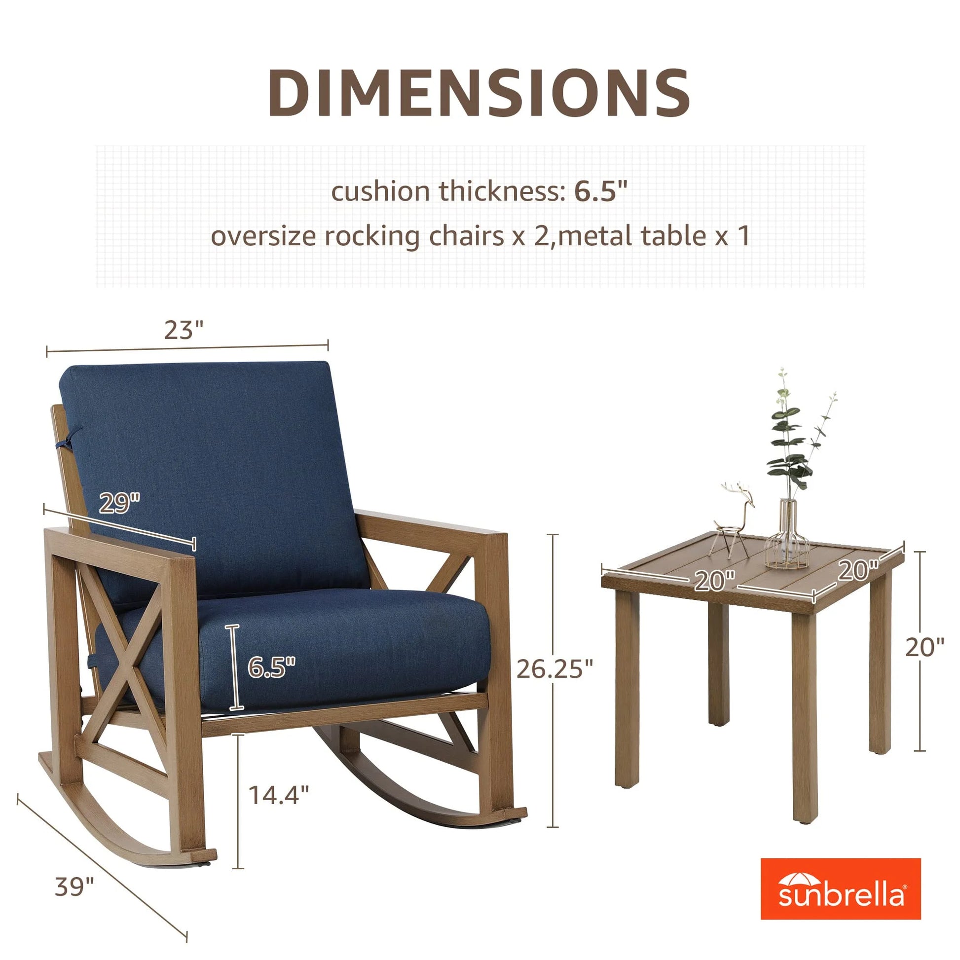 NATURAL EXPRESSIONS Sunbrella Rocking Bistro Set, 3 Piece Outdoor Patio Conversation Furniture Set with 6.5'' Thick Cushions Wood Grain Finish Frame for Backyard,Porch,Poolside