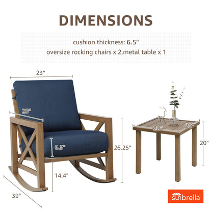 NATURAL EXPRESSIONS Sunbrella Rocking Bistro Set, 3 Piece Outdoor Patio Conversation Furniture Set with 6.5'' Thick Cushions Wood Grain Finish Frame for Backyard,Porch,Poolside