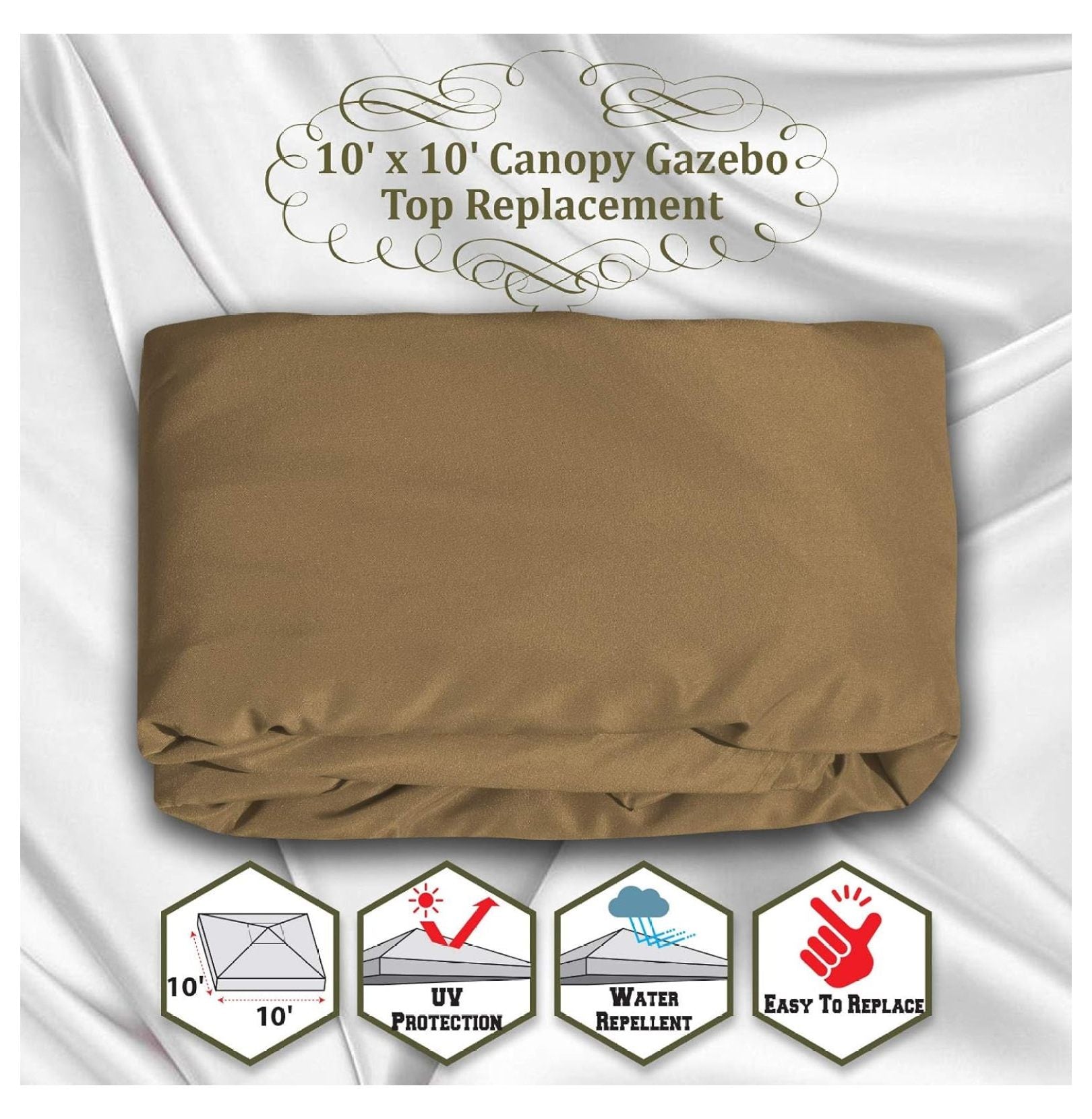 10x10 Gazebo Canopy Replacement Top - Single Tier Patio Cover Sunshade - Polyester Tan
