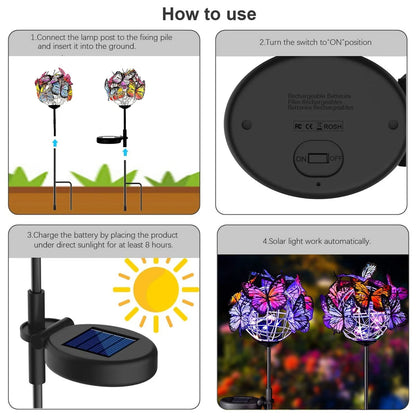 Rirool Decorative Solar Garden Lights Outside, 2 Pack Waterproof Solar Stake Lamp with Solar Panel, Multicolored Butterfly Ball Landscape Lights for Yard Patio Lawn Party Decor