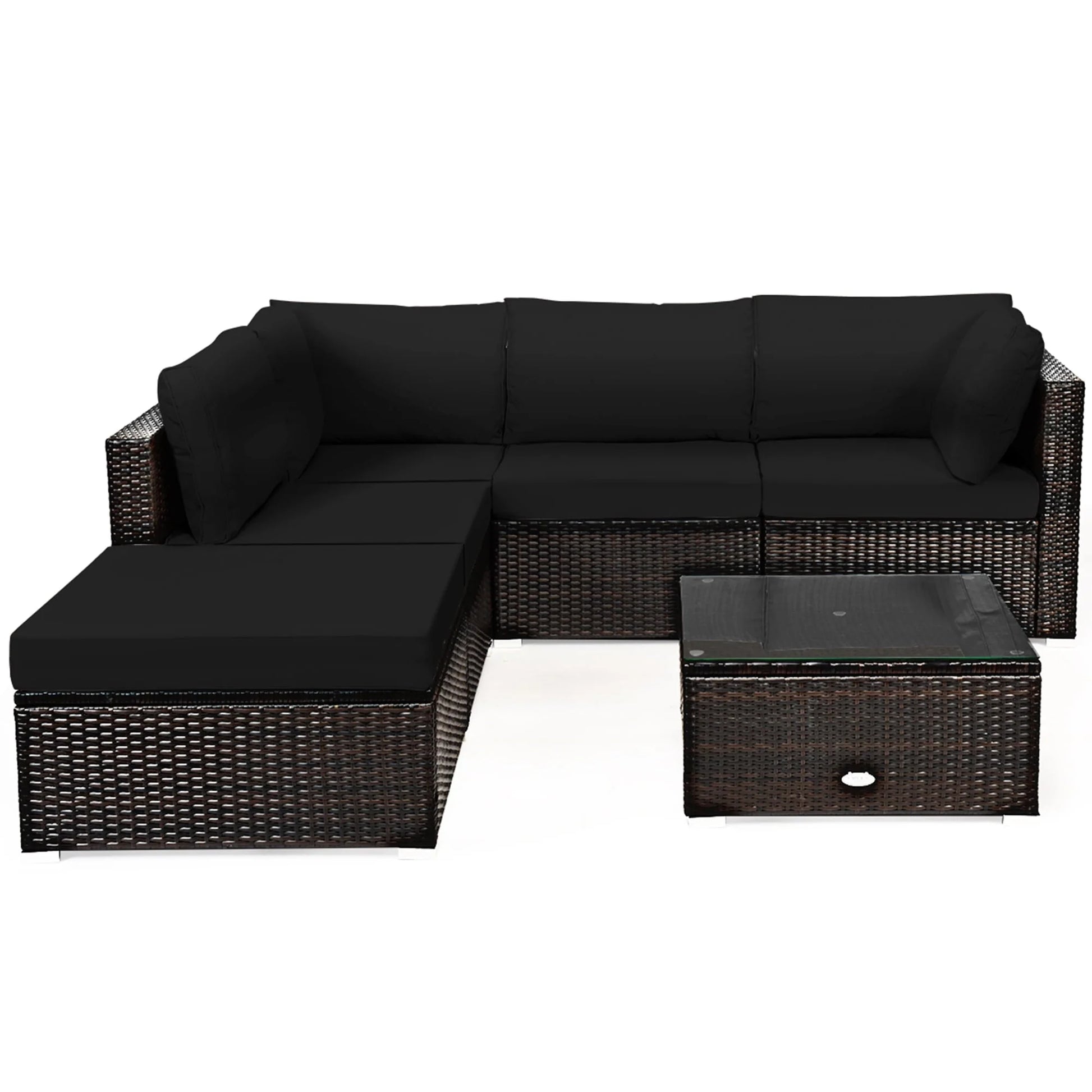 Gymax 6PCS Rattan Patio Sectional Sofa Set Outdoor Furniture Set w/Black Cushions