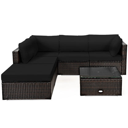 Gymax 6PCS Rattan Patio Sectional Sofa Set Outdoor Furniture Set w/Black Cushions