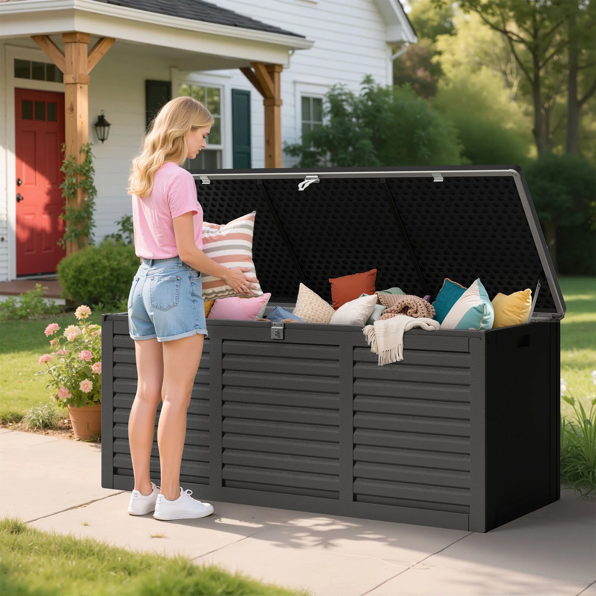 Outdoor Storage Box, 130GAL Waterproof Deck Box, Lockable Pool Patio Storage Indoor Toy Box, Outdoor Storage Bench for Porch, Max Load Weight 500LBS