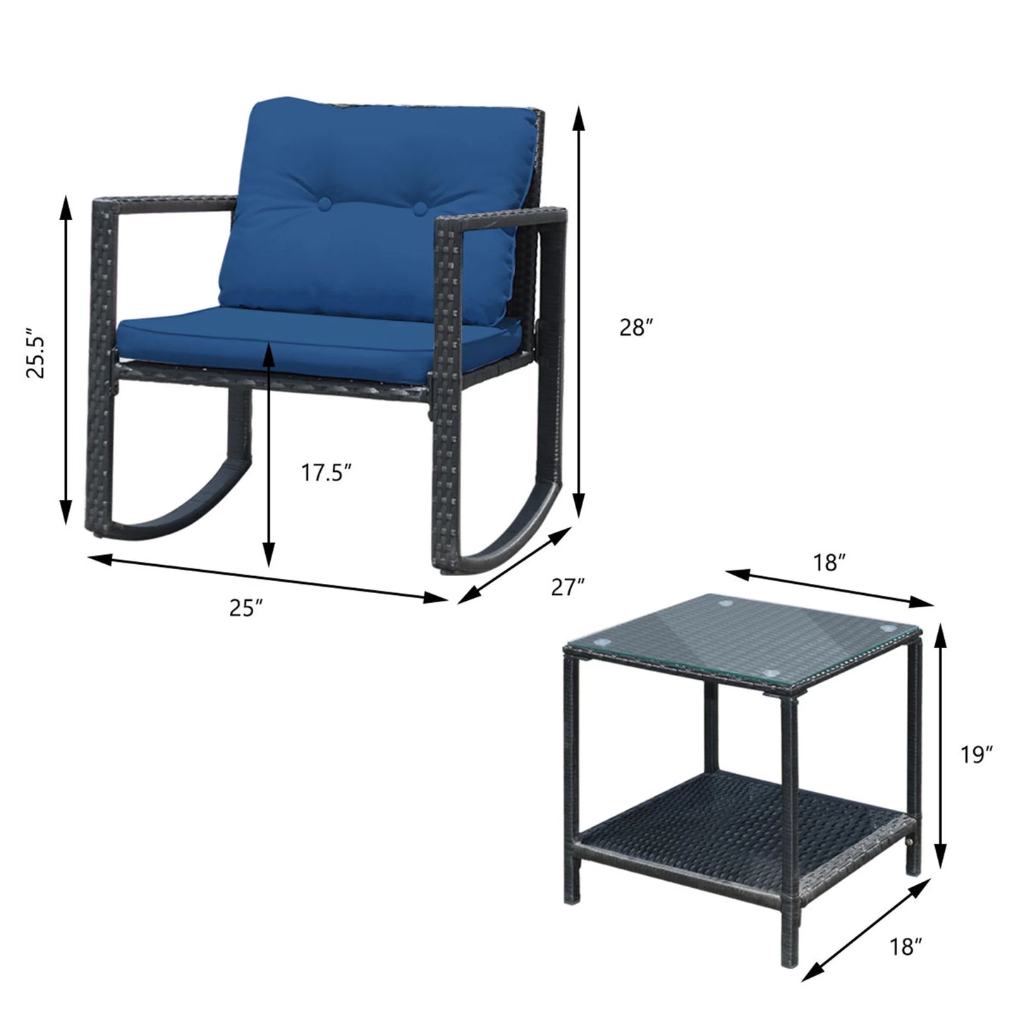 Gymax 3PCS Rattan Rocking Chair Table Set Patio Furniture Set w/Navy Cushions