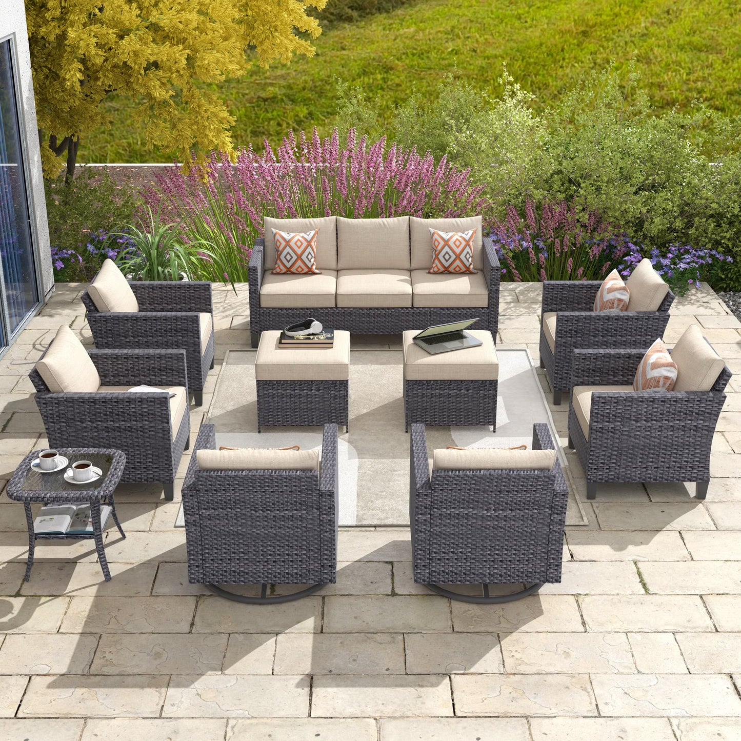 Ovios 10 Pieces Outdoor Patio Furniture with 360° Swivel Rocking Chairs All Weather Patio Sectional Sofa Set for Balcony