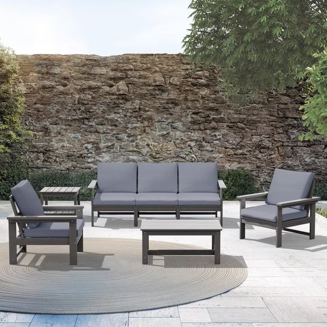 JUSTLET HDPE Patio Sofa Set, All Weather Outdoor Patio Furniture Set, 3-Seater Couch,2 Armchair,1 Side Table,1 Coffee Table, Navy Frame with Khaki Cushion