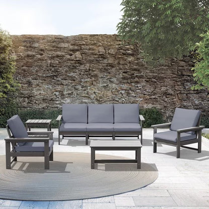 JUSTLET HDPE Patio Sofa Set, All Weather Outdoor Patio Furniture Set, 3-Seater Couch,2 Armchair,1 Side Table,1 Coffee Table, Navy Frame with Khaki Cushion