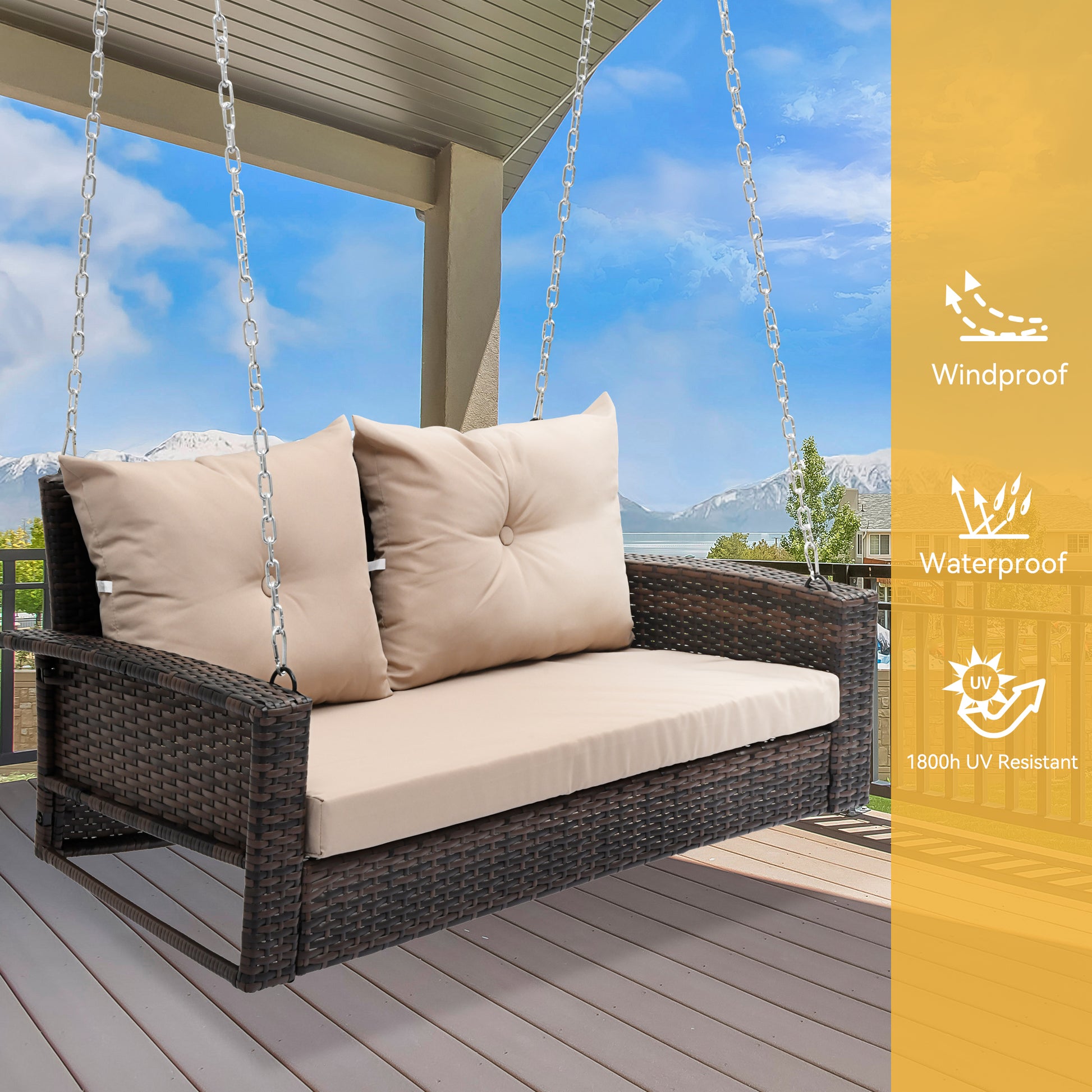 Dextrus Wicker Hanging Porch Swing Chair Outdoor Brown Rattan Patio Swing Lounge w/2 Back Cushions Capacity 530lbs for Garden, Balcony, Living Room, Beige