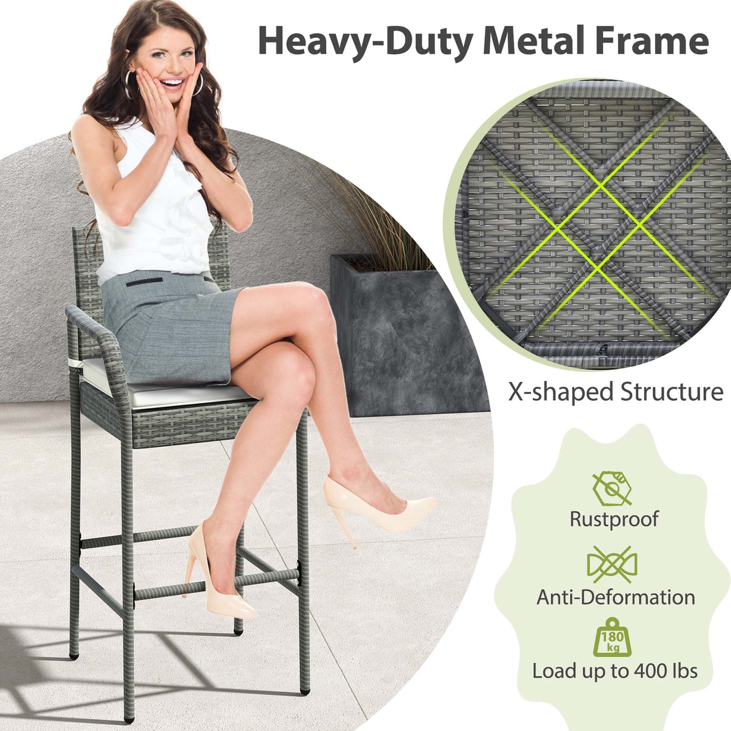 Costway Patio Wicker Barstools Set of 2 with Armrests & Soft Cushions Stable Metal Frame