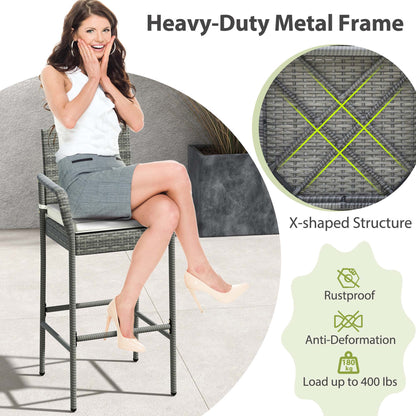 Costway Patio Wicker Barstools Set of 2 with Armrests & Soft Cushions Stable Metal Frame