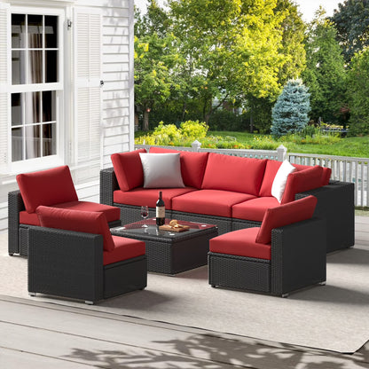 HighSound 7 Piece Patio Furniture Set, Outdoor Wicker Patio Sectional Sofa, All Weather PE Rattan Outdoor Sectional with Cushion & Coffee Table, Khaki