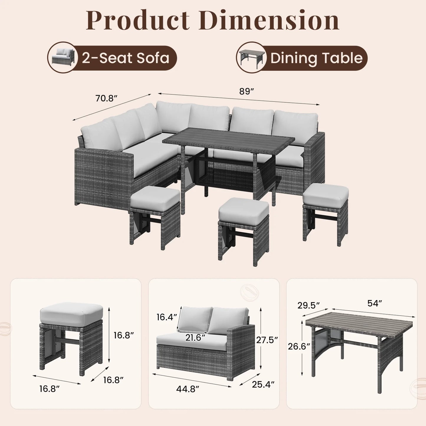 AECOJOY 7 Piece Patio Furniture Set PE Rattan Outdoor Dining Set Sectional Sofa Couch with Table Patio Conversation Set in Gray