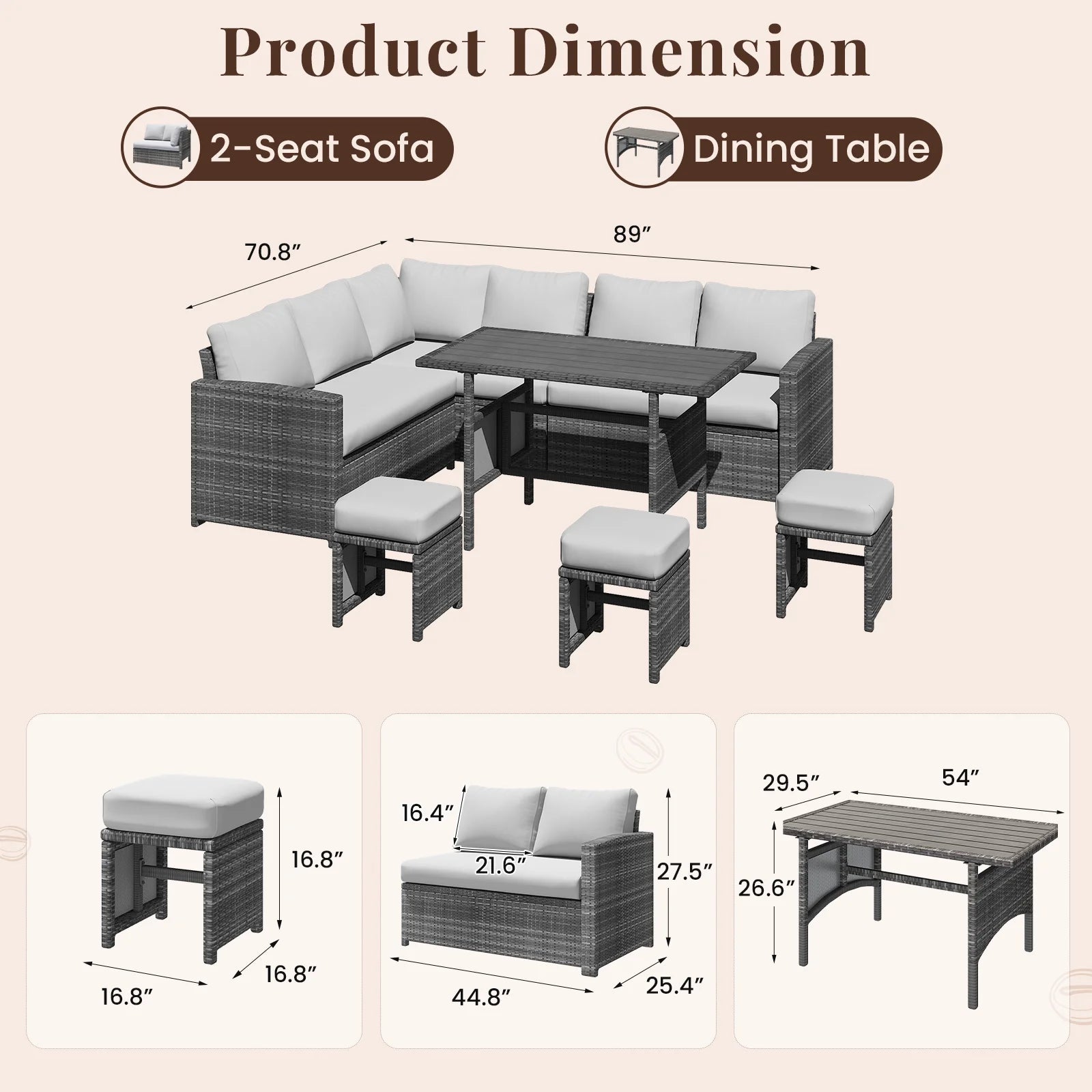 AECOJOY 7 Piece Patio Furniture Set PE Rattan Outdoor Dining Set Sectional Sofa Couch with Table Patio Conversation Set in Gray