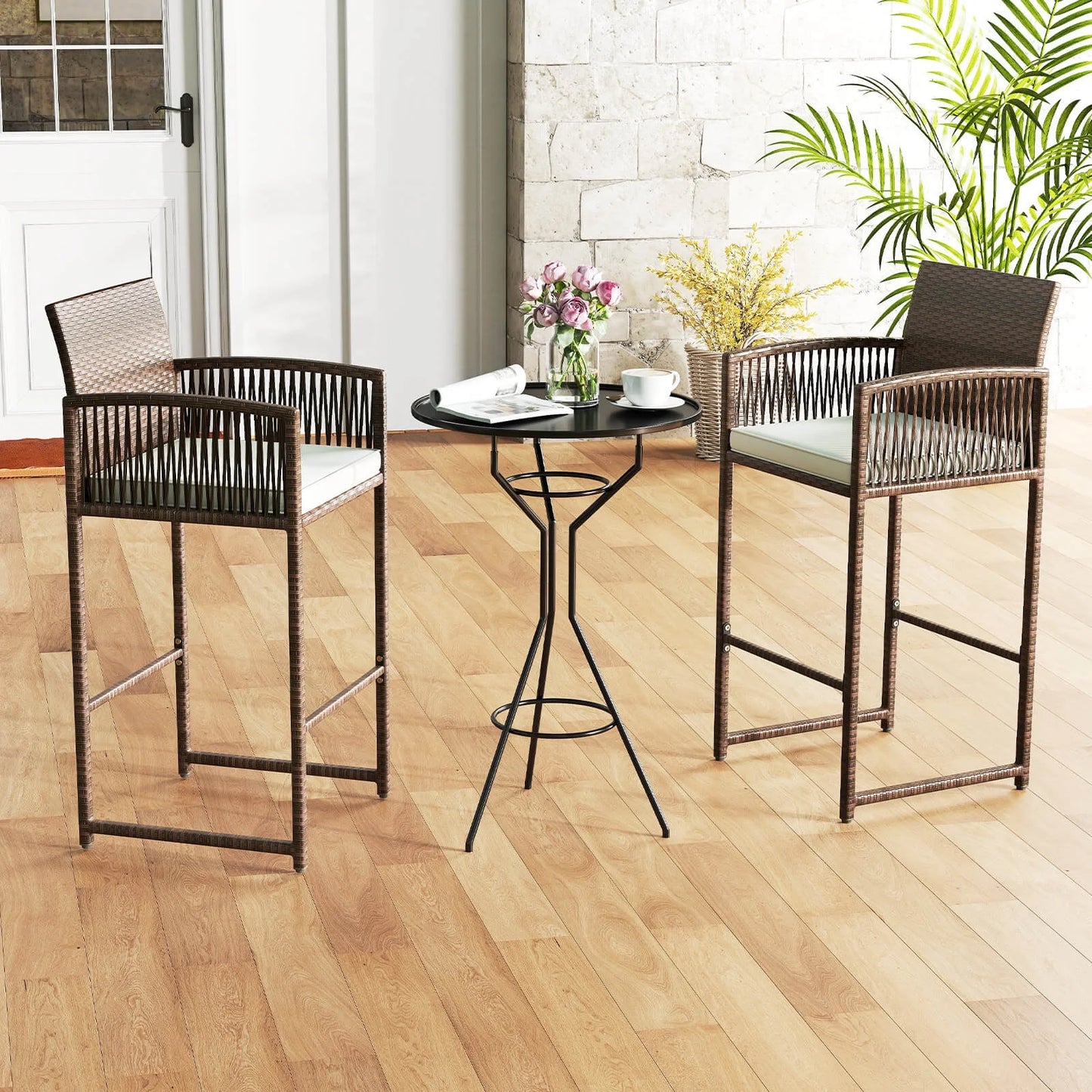 Costway Patio Bar Stools Set of 2 PE Rattan Bar Height Chairs with Backrests & Armrests
