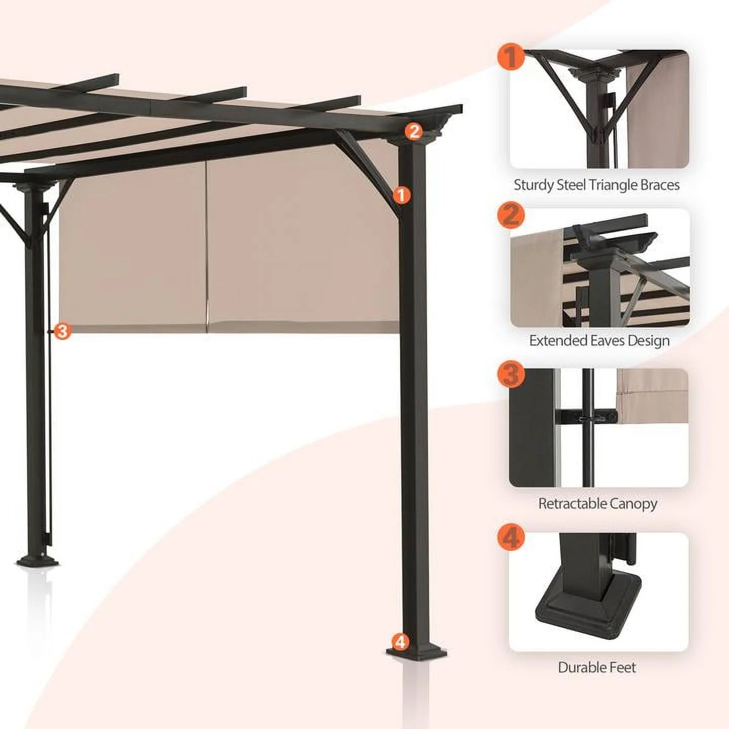 EAGLE PEAK 10x10 Outdoor Gazebo with Retractable Sun Shade Top for Patio, Garden, Backyard, Steel Frame, Beige